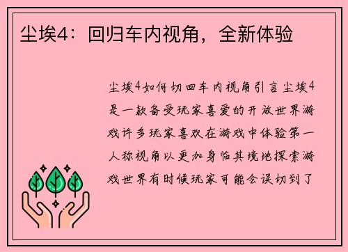 尘埃4：回归车内视角，全新体验
