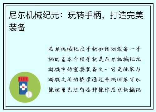 尼尔机械纪元：玩转手柄，打造完美装备