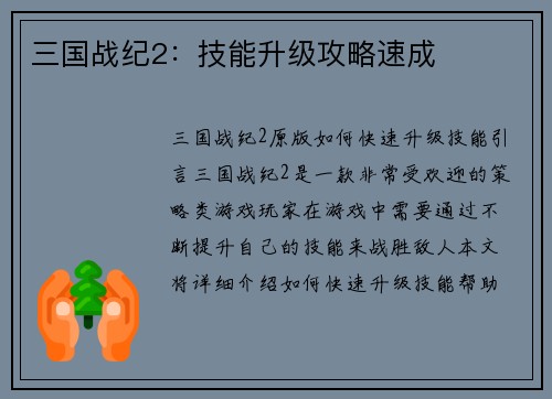 三国战纪2：技能升级攻略速成